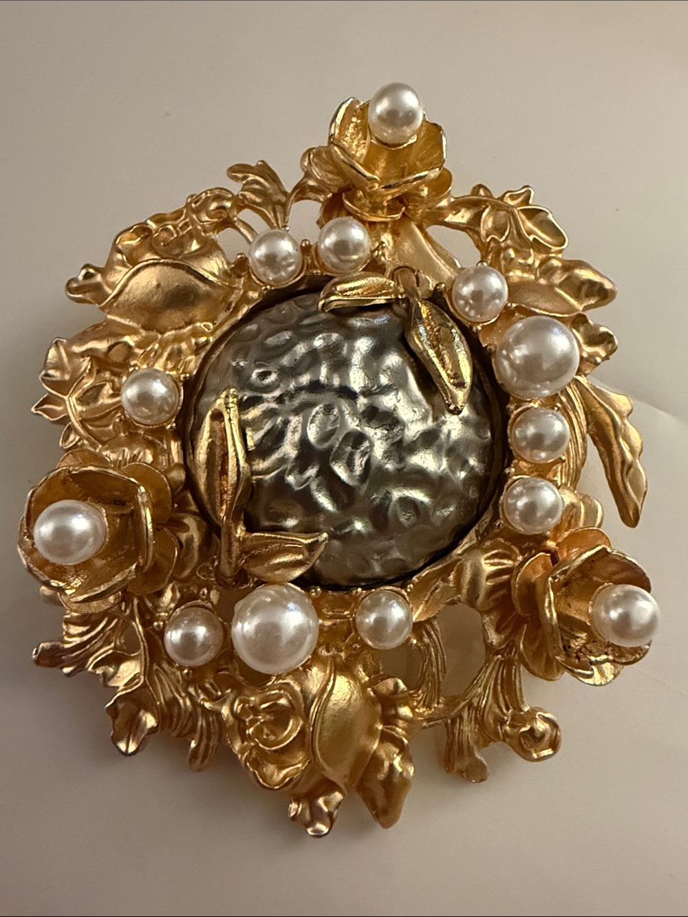 Gold Floral Pearl Brooch with Hammered Silver Center